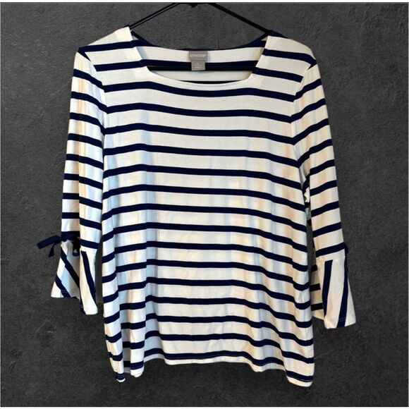 Chicos Womens Blue Striped Flare Sleeve Square‎ Neck Top sz 1P Nautical Preppy - Picture 3 of 6